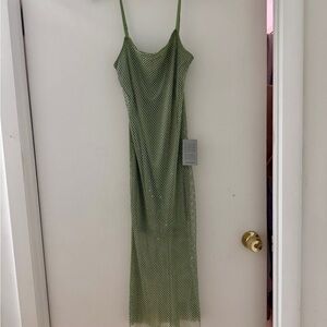 Lush Olive Green Mesh Dress with Sequin-ish type overlay